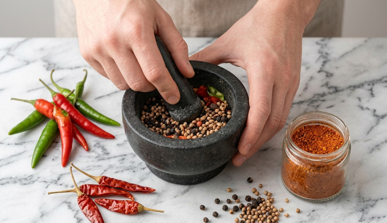 Händer som mortlar kryddor bredvid chili och kryddburk